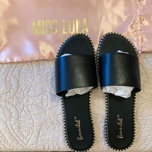 Black and Gold Detailed Slide On Sandals